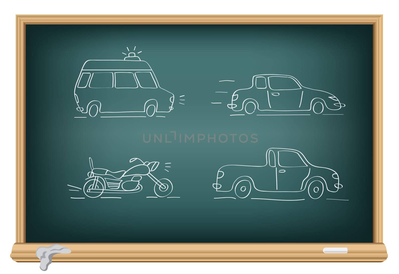 Drawing cars by a chalk on the classroom blackboard