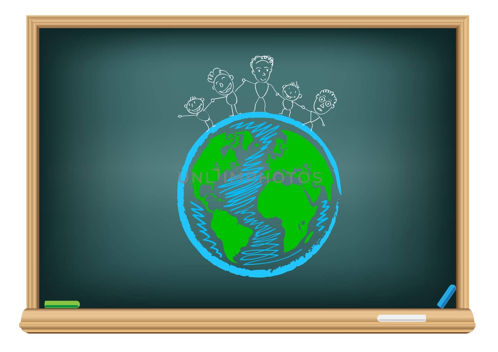 Drawing children and earth by a chalk on the classroom blackboard