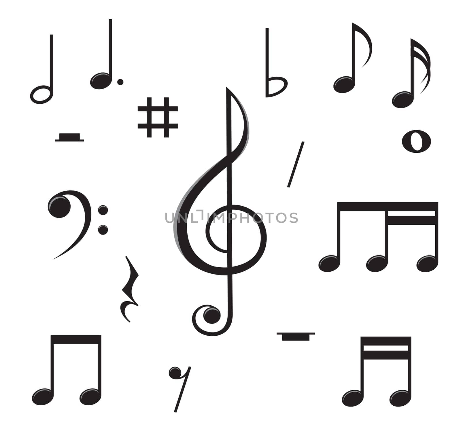 set of basic black notes and signs isolated on the white background.