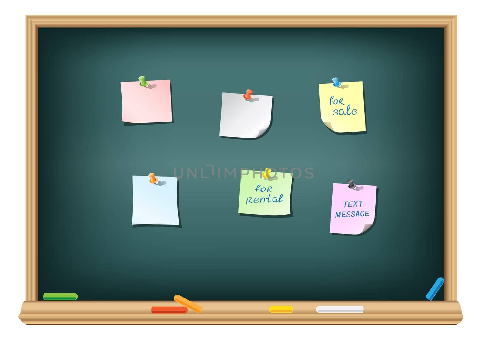 The different papers and push pins on the school blackboard
