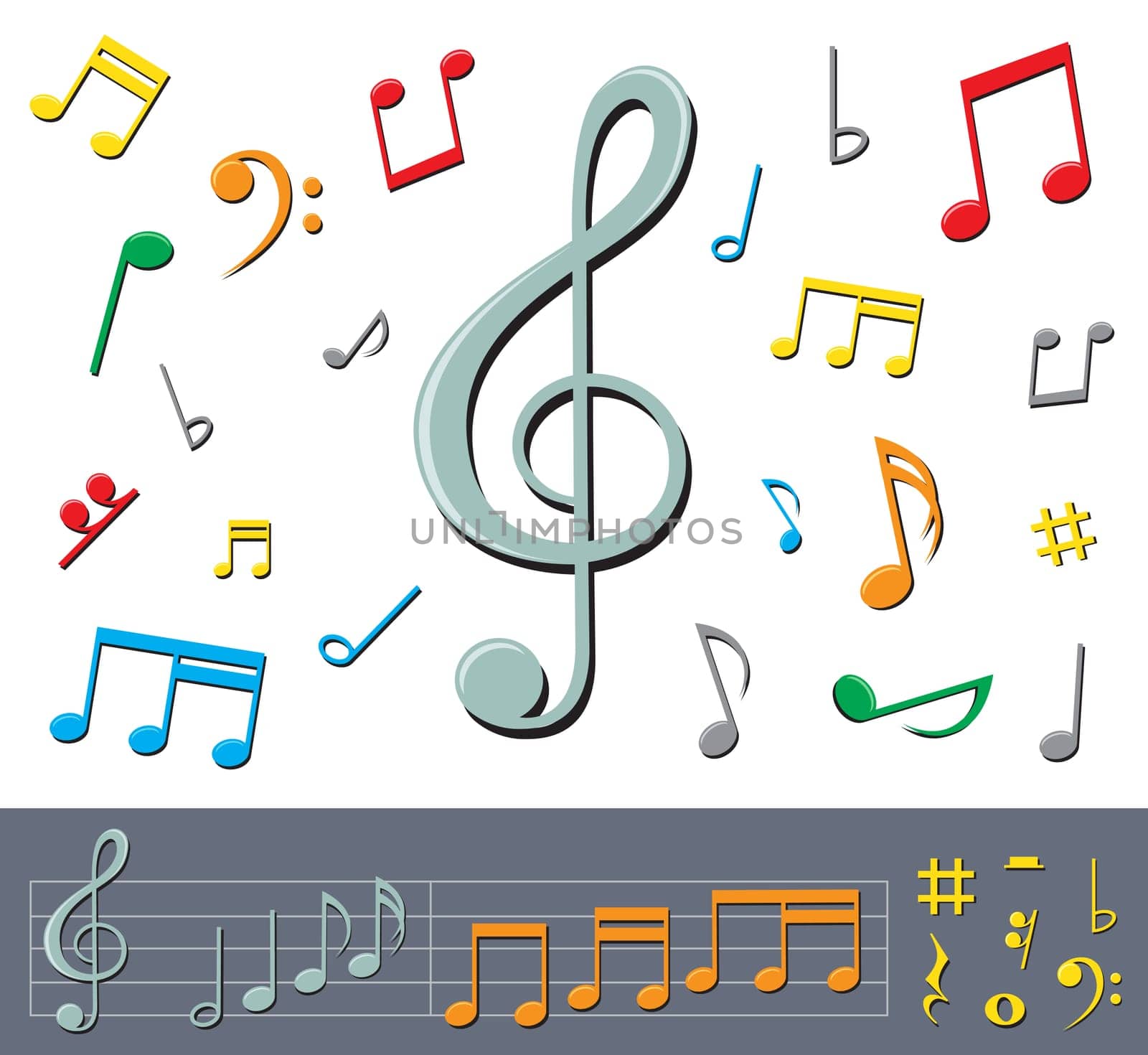 set of basic color notes and signs with shadows on the white background.