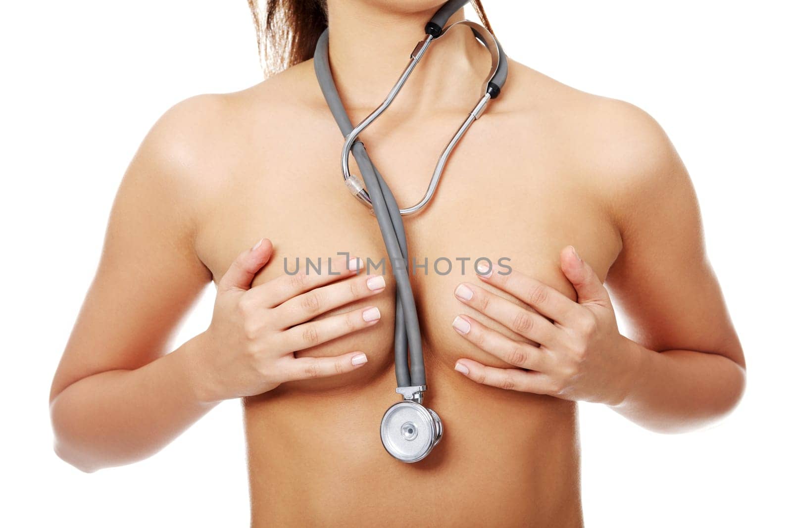 Topless fit woman torso with stethoscope, isolated on white background