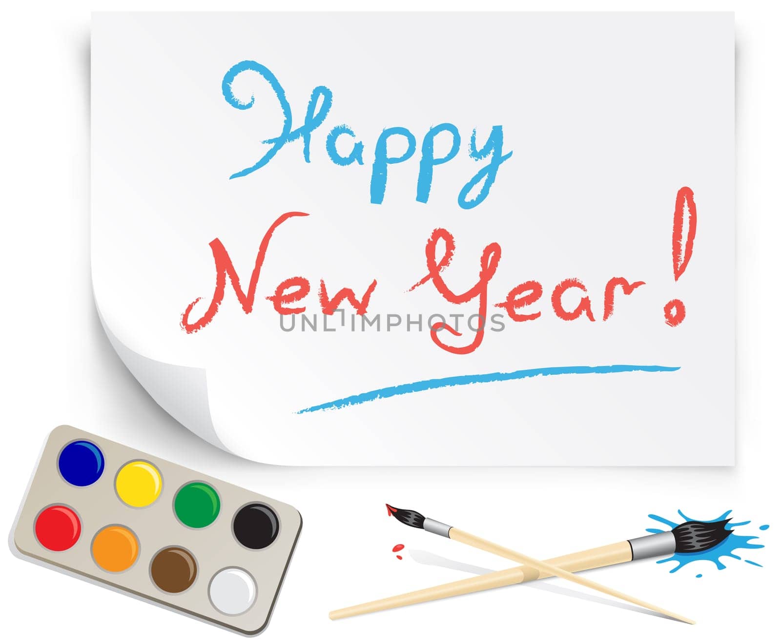 children's drawing happy new year on the white paper