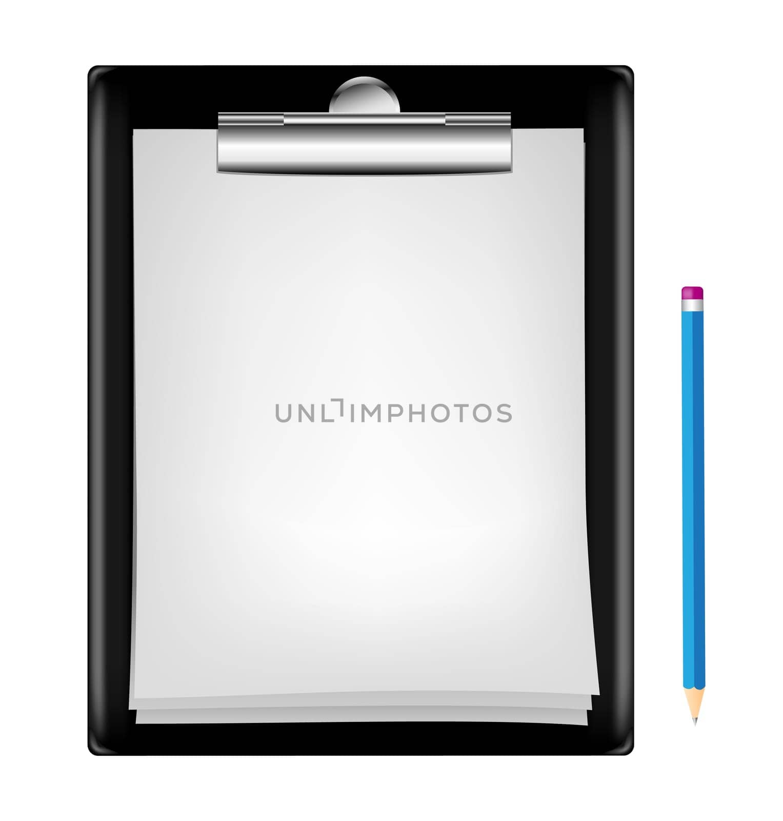 blank clipboard with an empty sheet of paper and pencil isolated on the white background