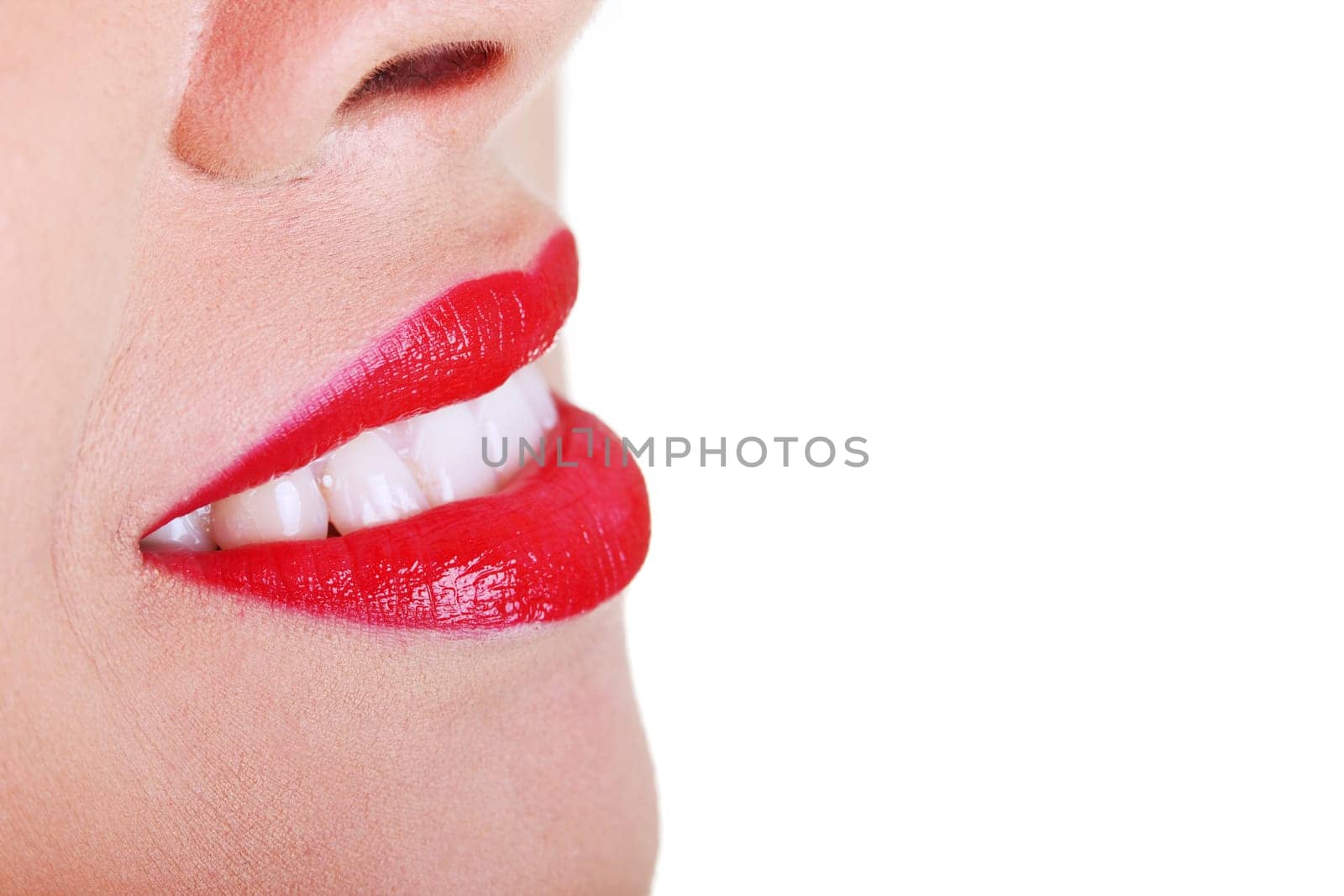 Beautiful glossy, red woman lips, isolated on white