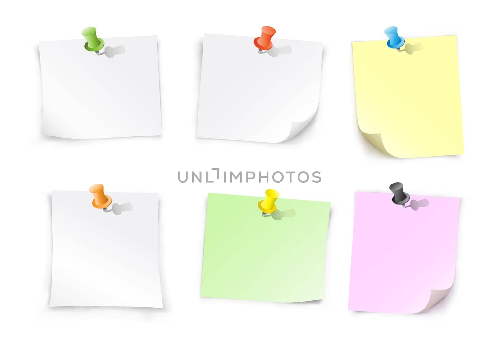 The different papers and push pins on the white background