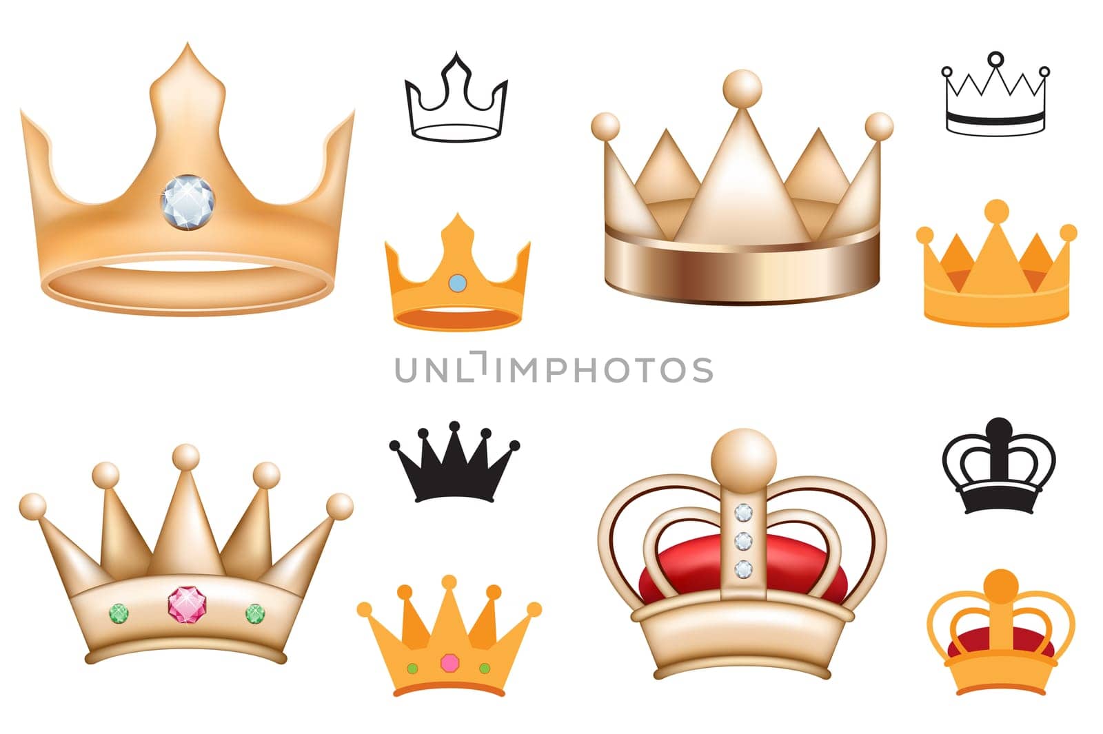 Different beautiful crown isolated on the white background