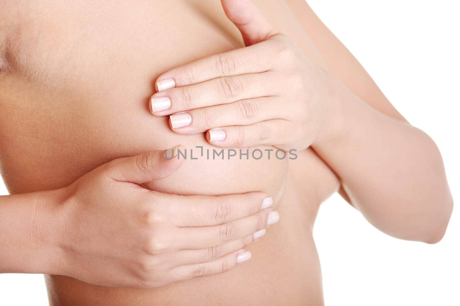 Woman examining breast mastopathy or cancer. Isolated on white
