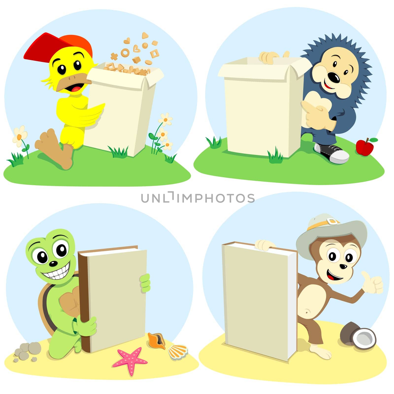 The cartoon animals represent book and paper box for cornflake