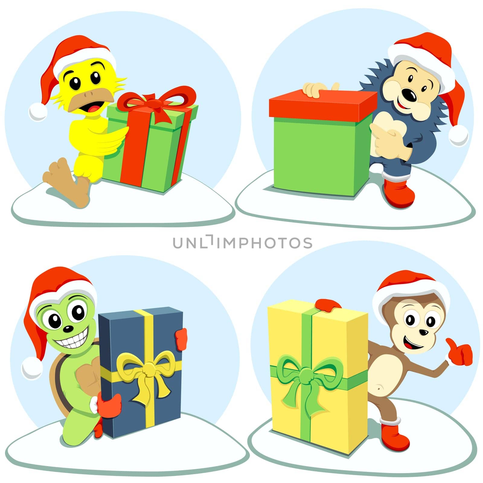 The happy cartoon animals holding different Christmas gifts