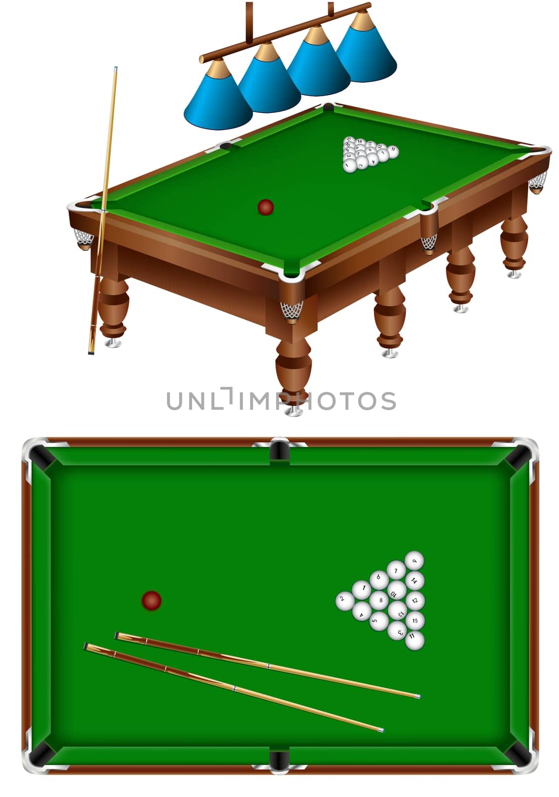The russian billiard table with a cue, lamps and balls isolated on a white background