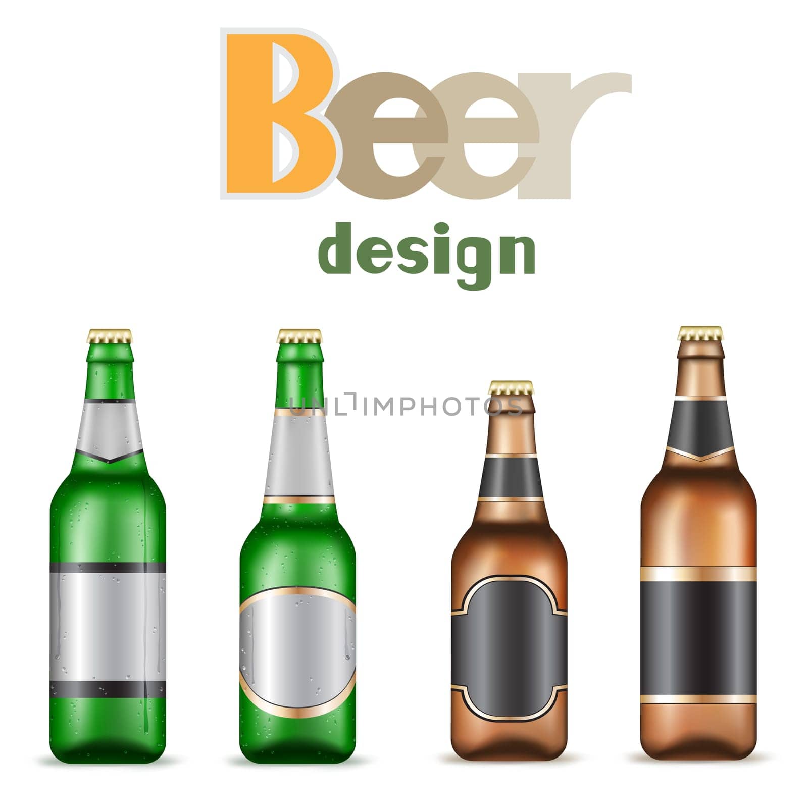 Green and brown beer bottles on the white background