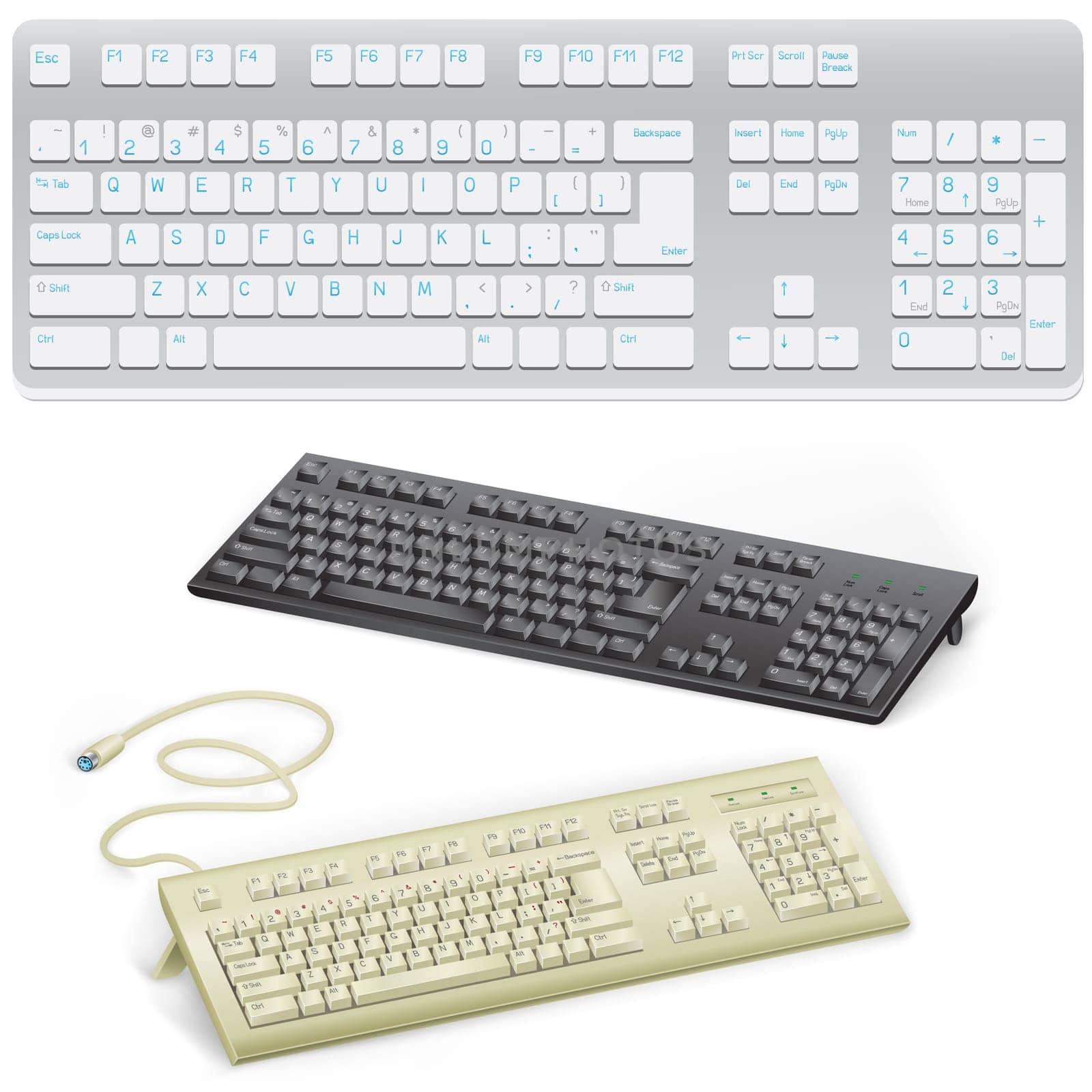 The modern black and retro white computer keyboard with buttons and alphabet on the white background