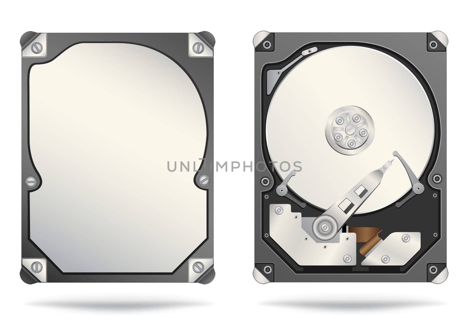 The opened and closed hard drive isolated on the white background