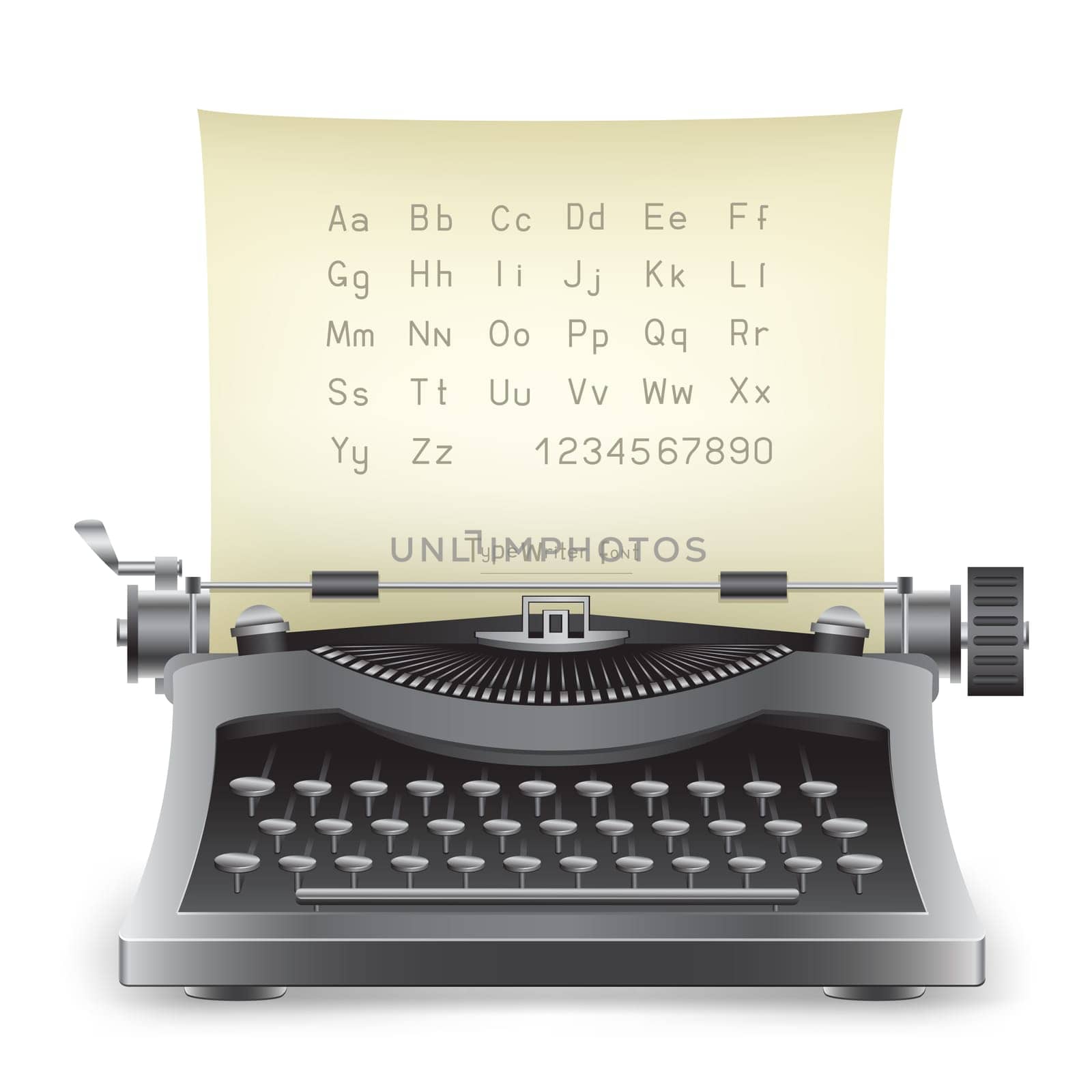 The retro desktop black typewriter with alphabet on the white background
