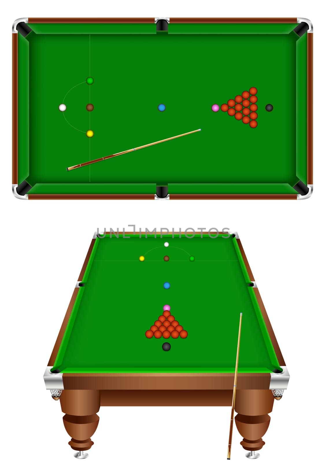The snooker table with a cue and balls isolated on a white background