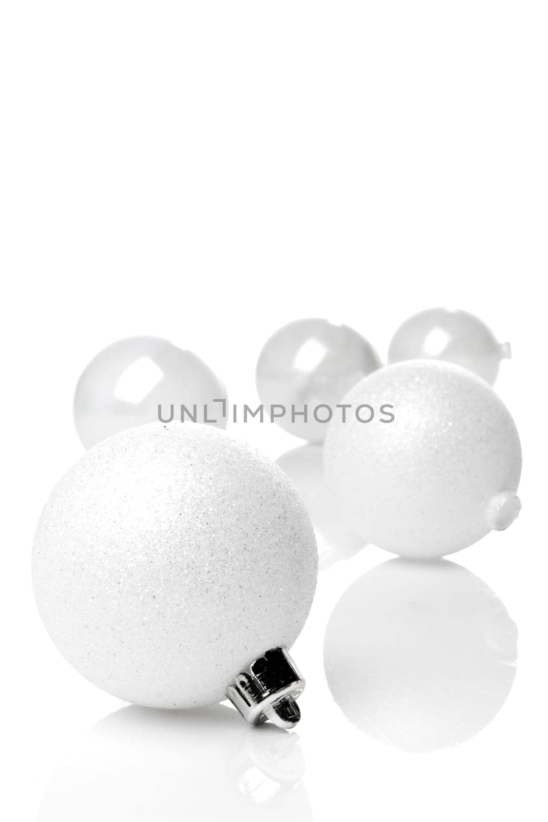 white christmas tree baubles isolated with white background
