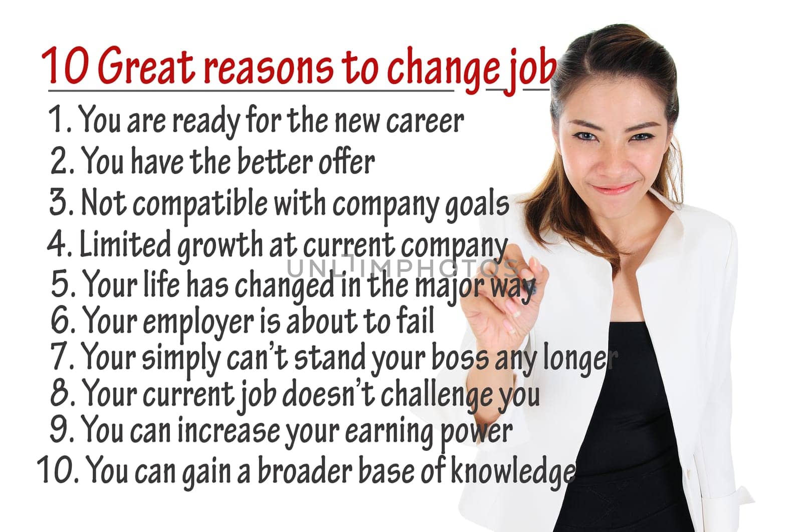 Businesswoman write great reasons to change job for human resources concept