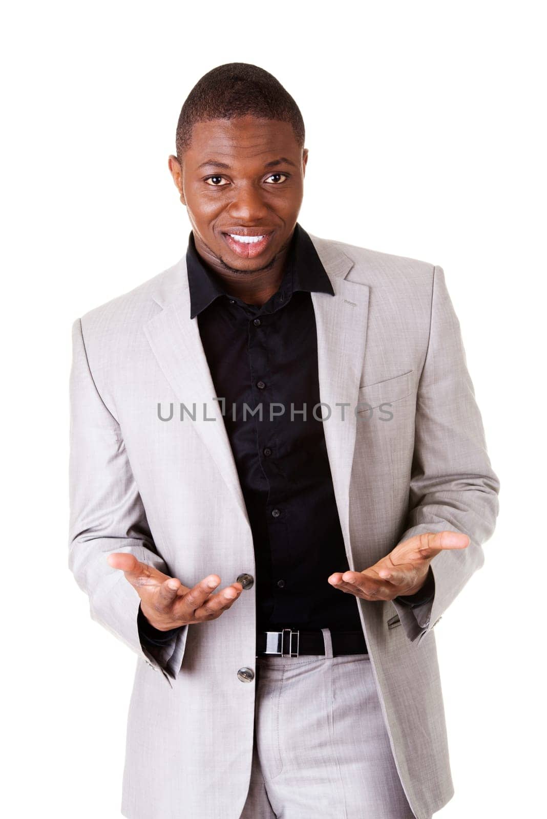 male businessman with open palms. isolated on white.
