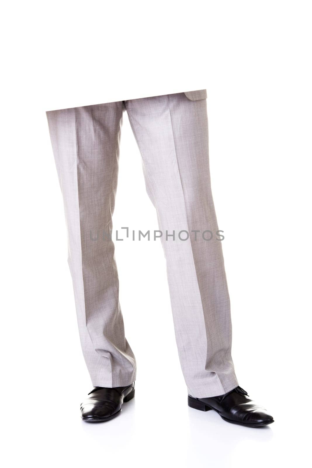 male legs and empty blank. closeup. isolated on white.