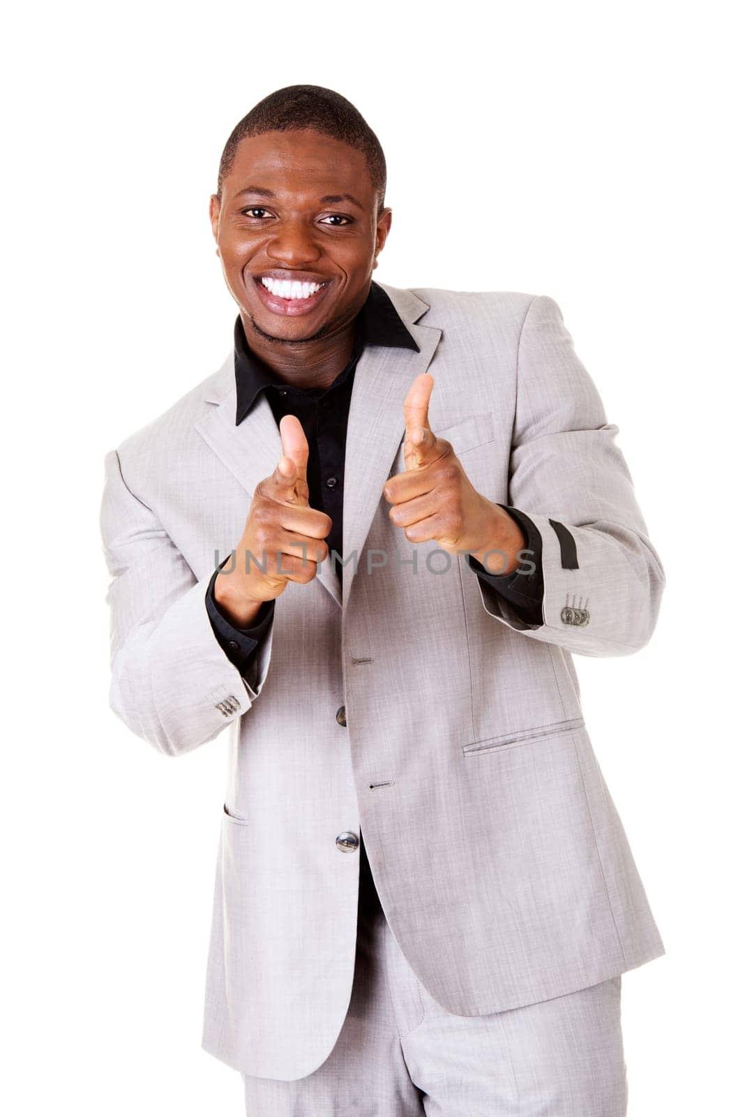 male handsome businessman pointing on front. smiling. isolated on white.