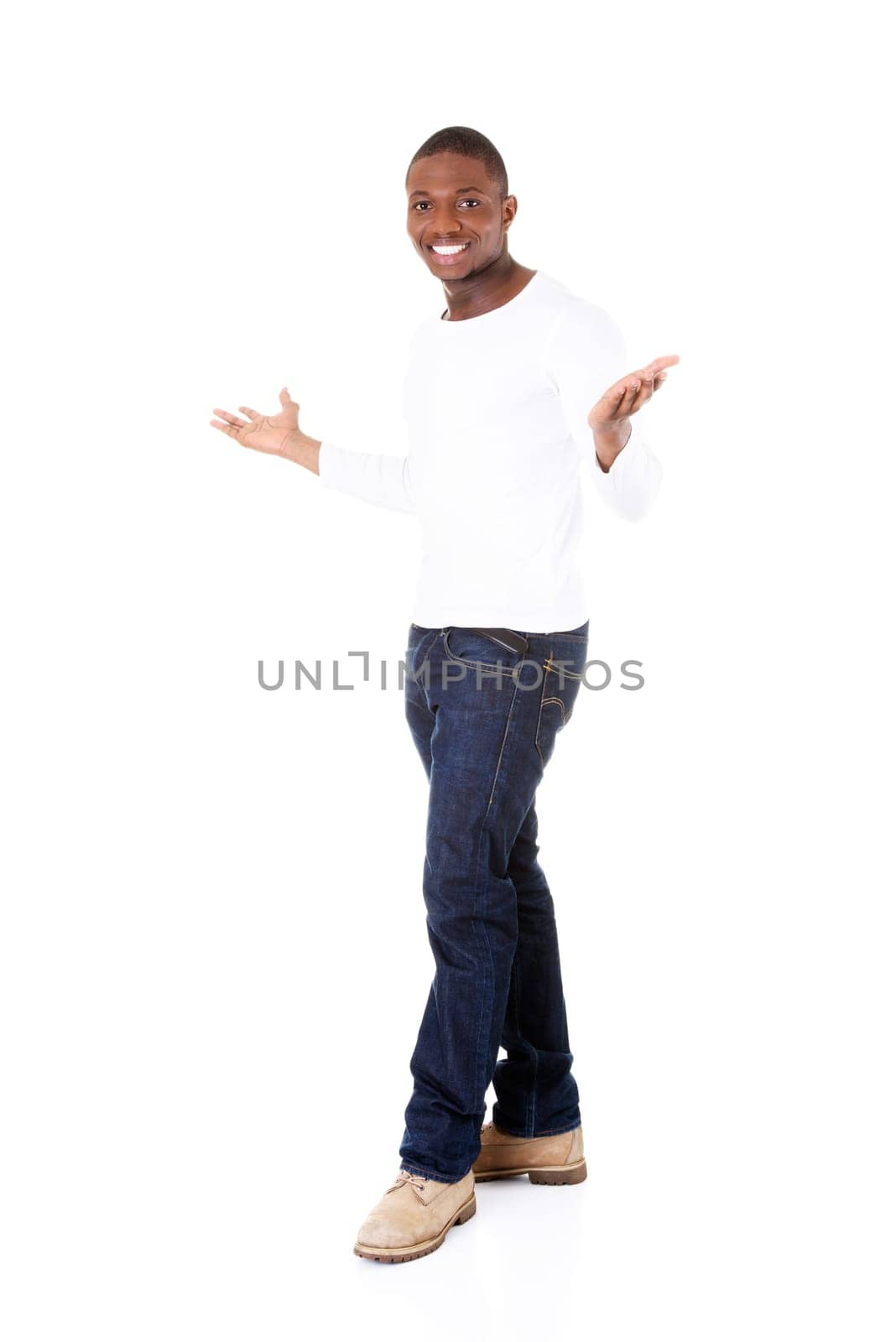 handsome man with spread arms and hands. isolated on white.
