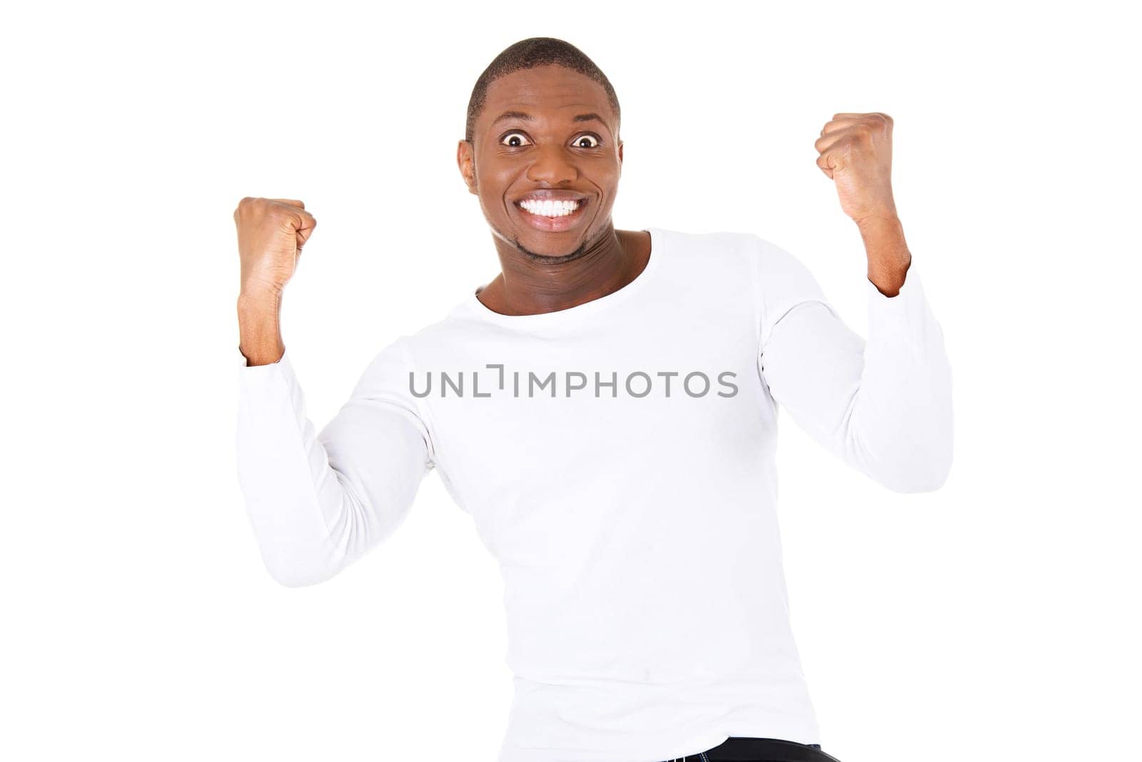handsome male with fists up. isolated on white.
