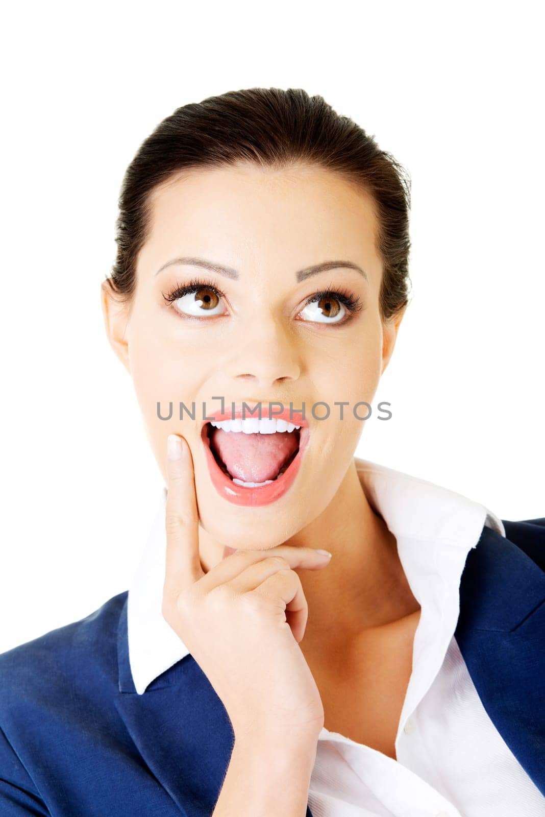 young attractive businesswoman. face expression. thinking. isolated on white.