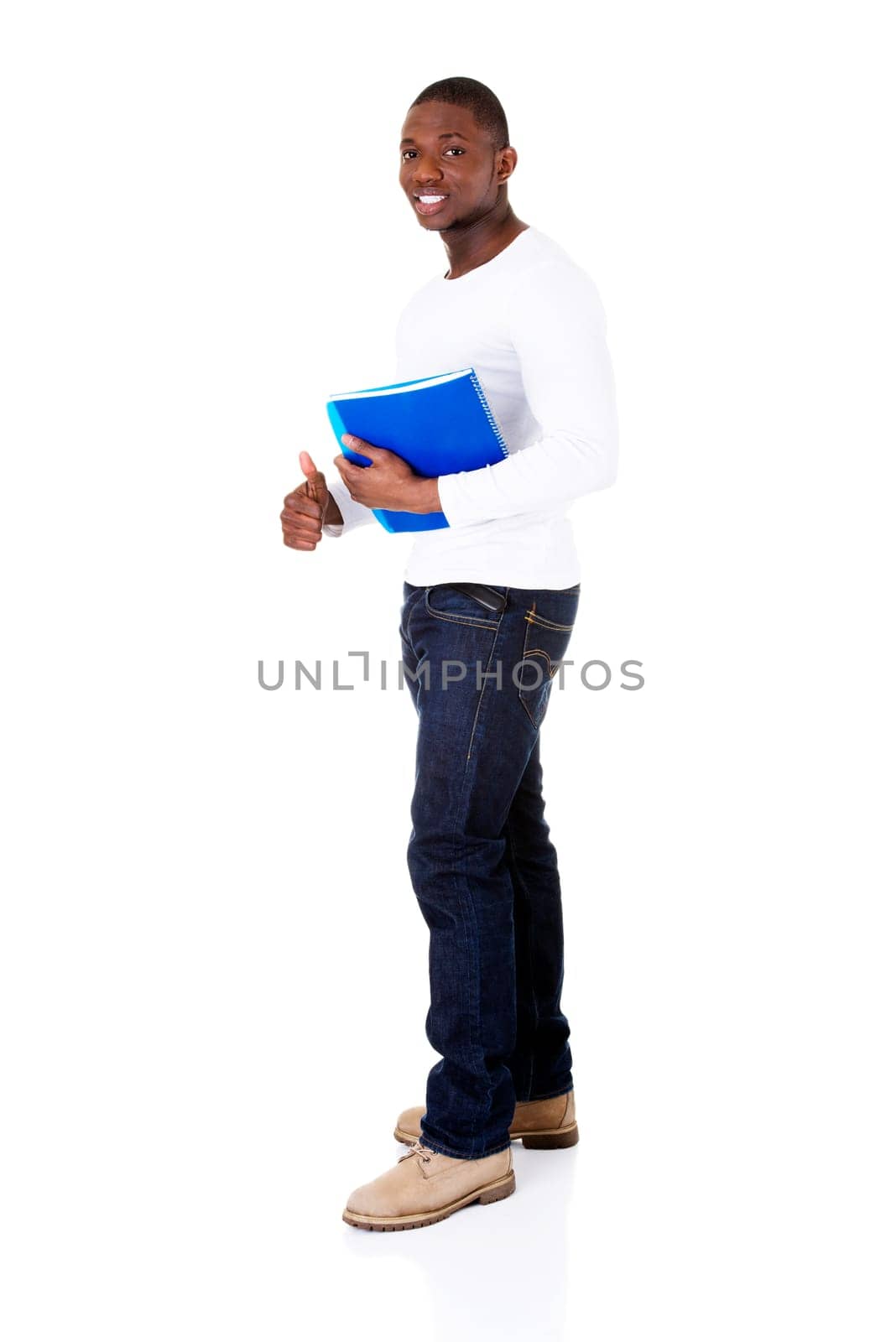handsome man holding files. student. businessman. isolated on white.