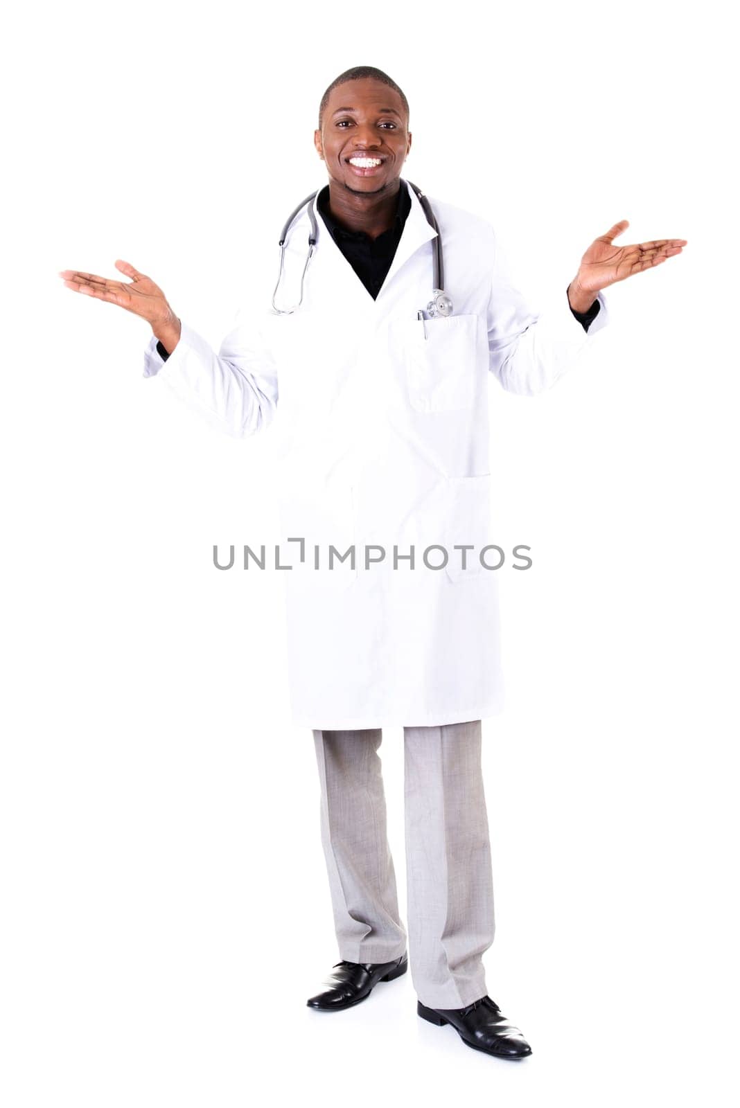 male doctor with open hands. spread hands. isolated on white.