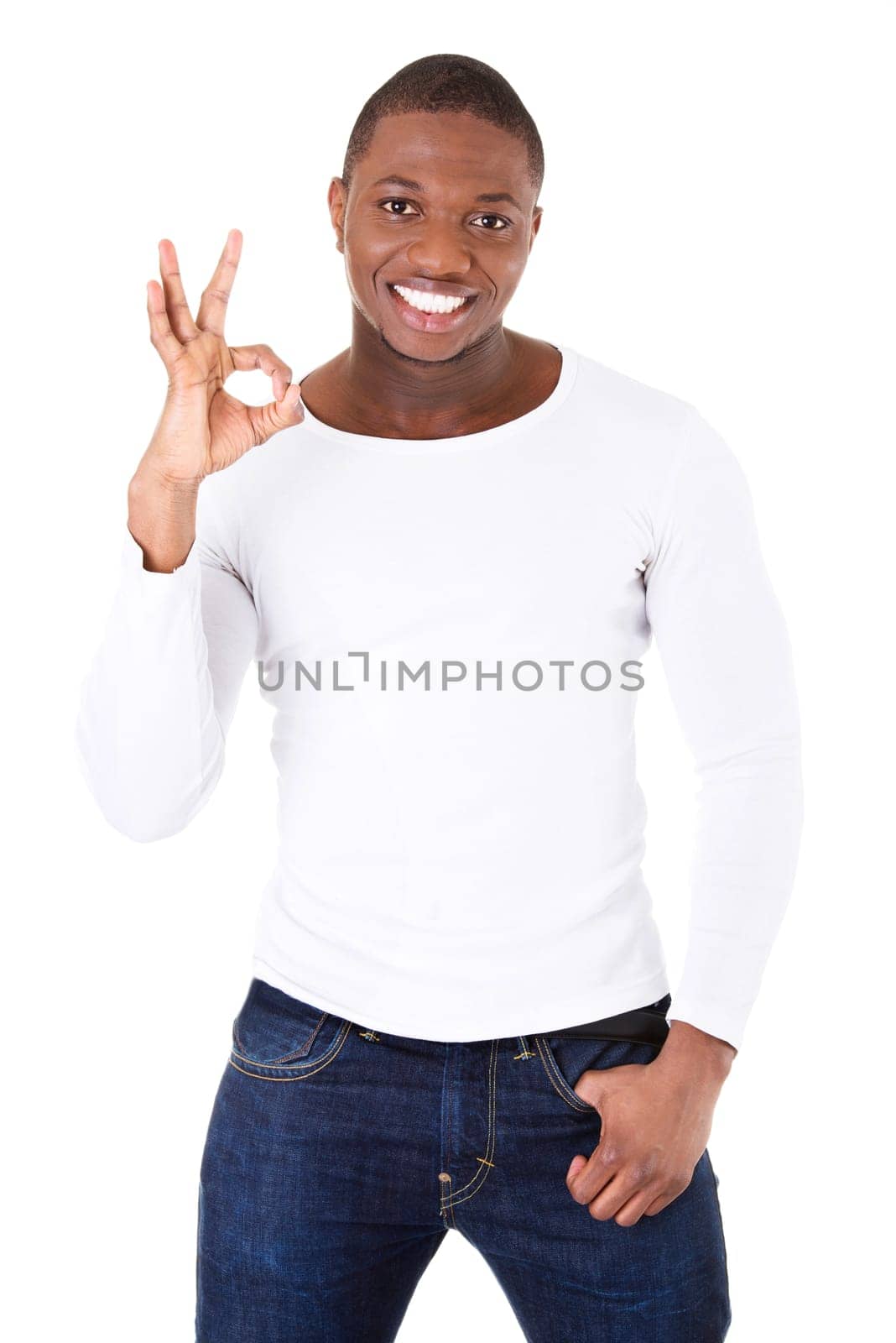 handsome male showing ok. isolated on white.