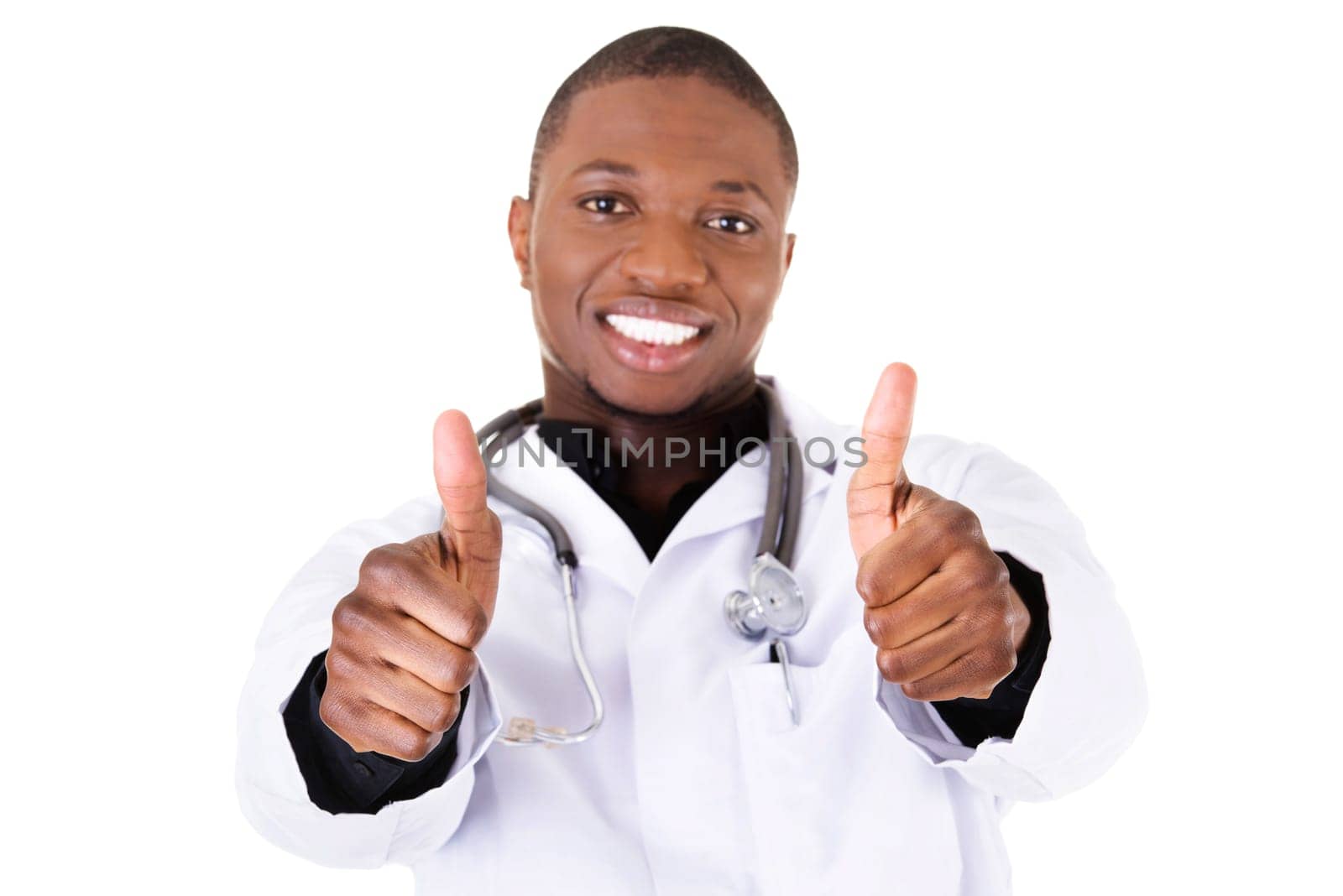 male handsome doctor showing ok. isolated on white.