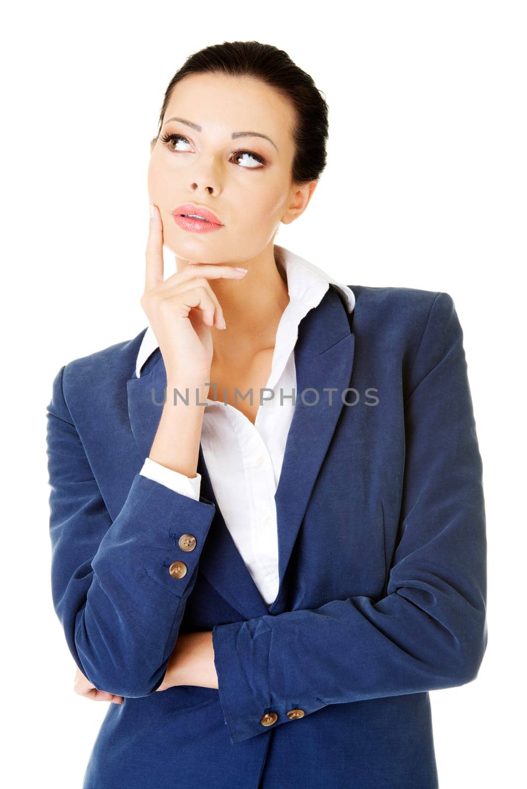 young attractive businesswoman. face expression. thinking. isolated on white.