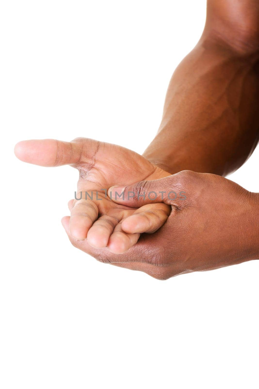 man rubbs his hands. closeup. isolated on white.