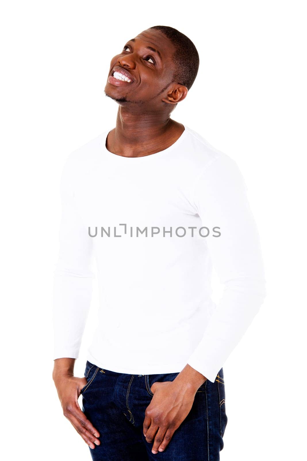handsome male looking up. isolated on white.