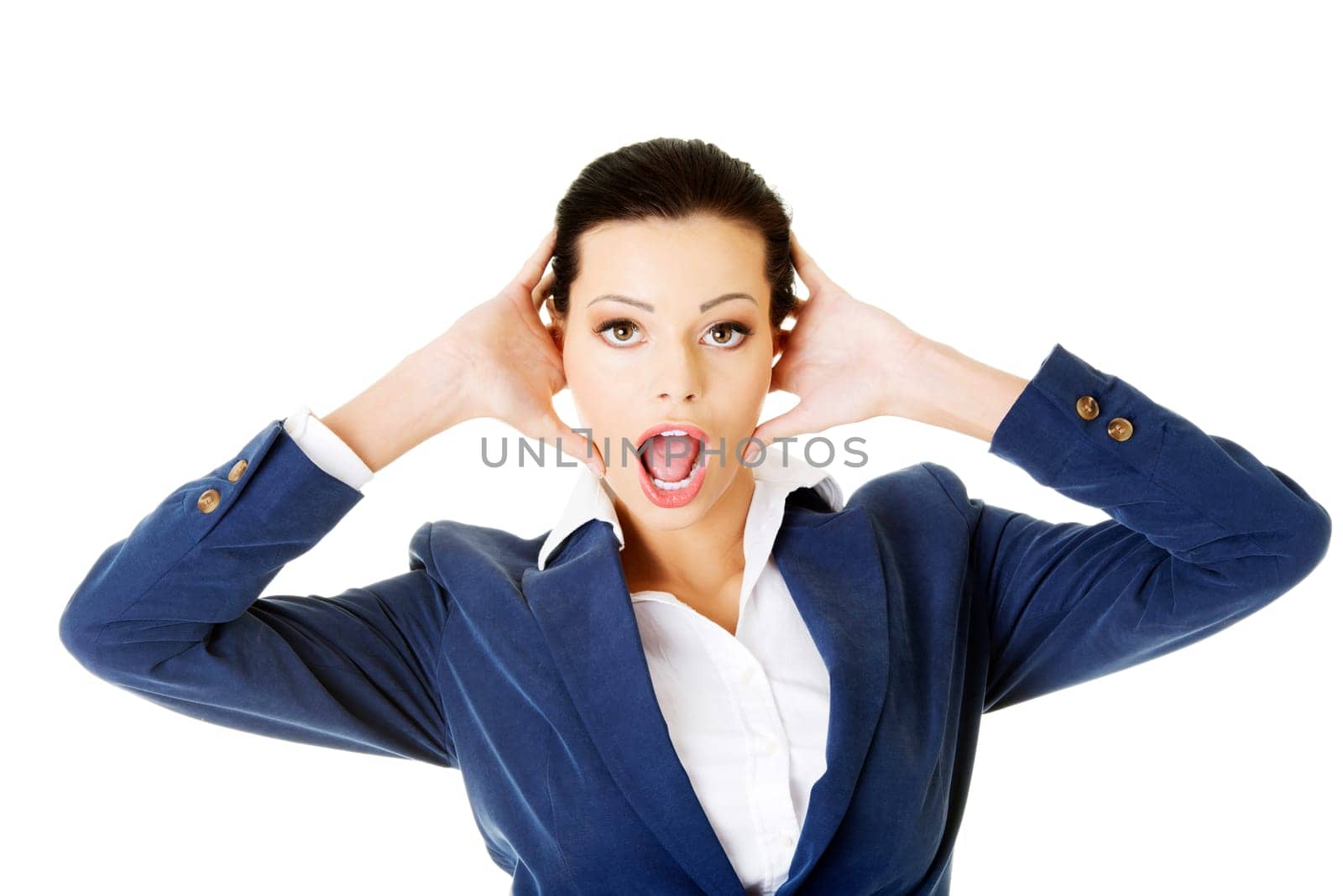 attractive business woman covers her ears. isolated on white.