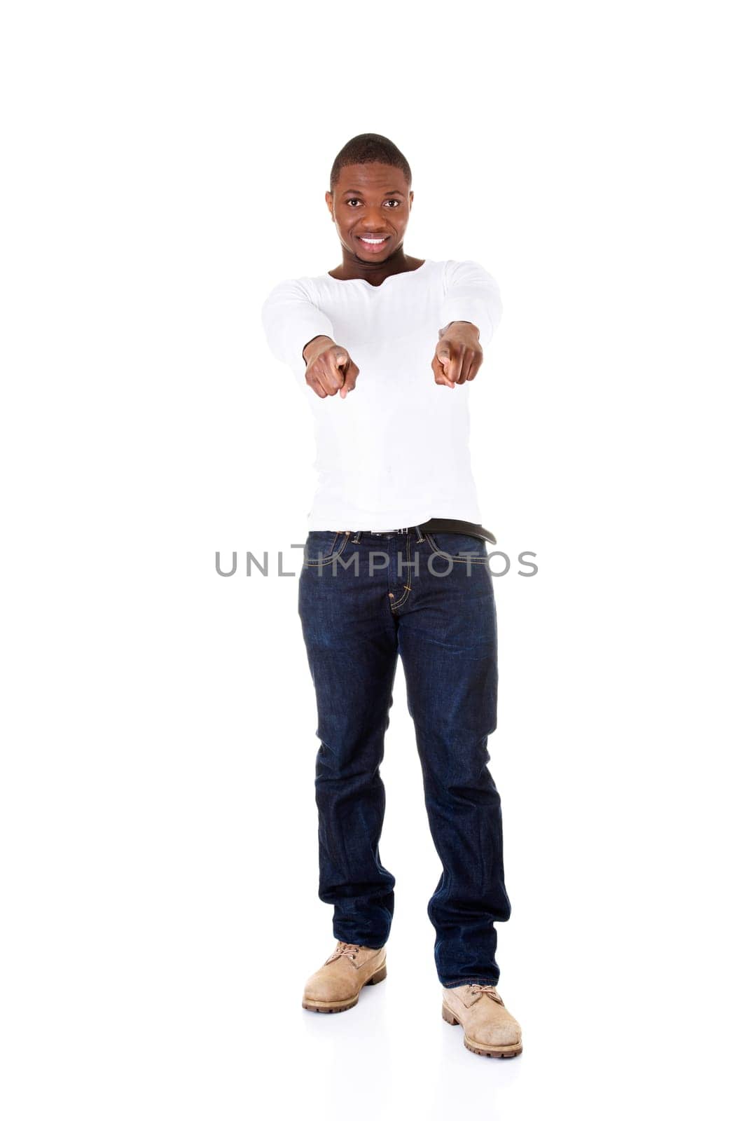 handsome man pointing with fingers. isolated on white.