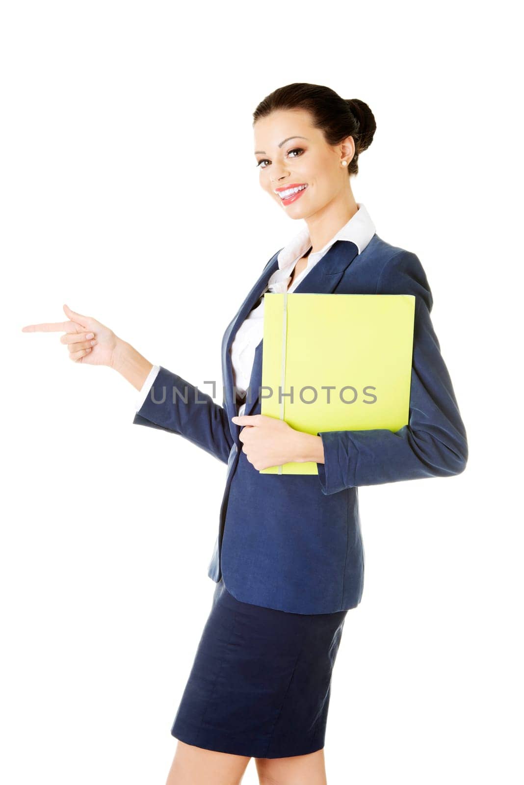 attractive woman holding files. isolated on white.