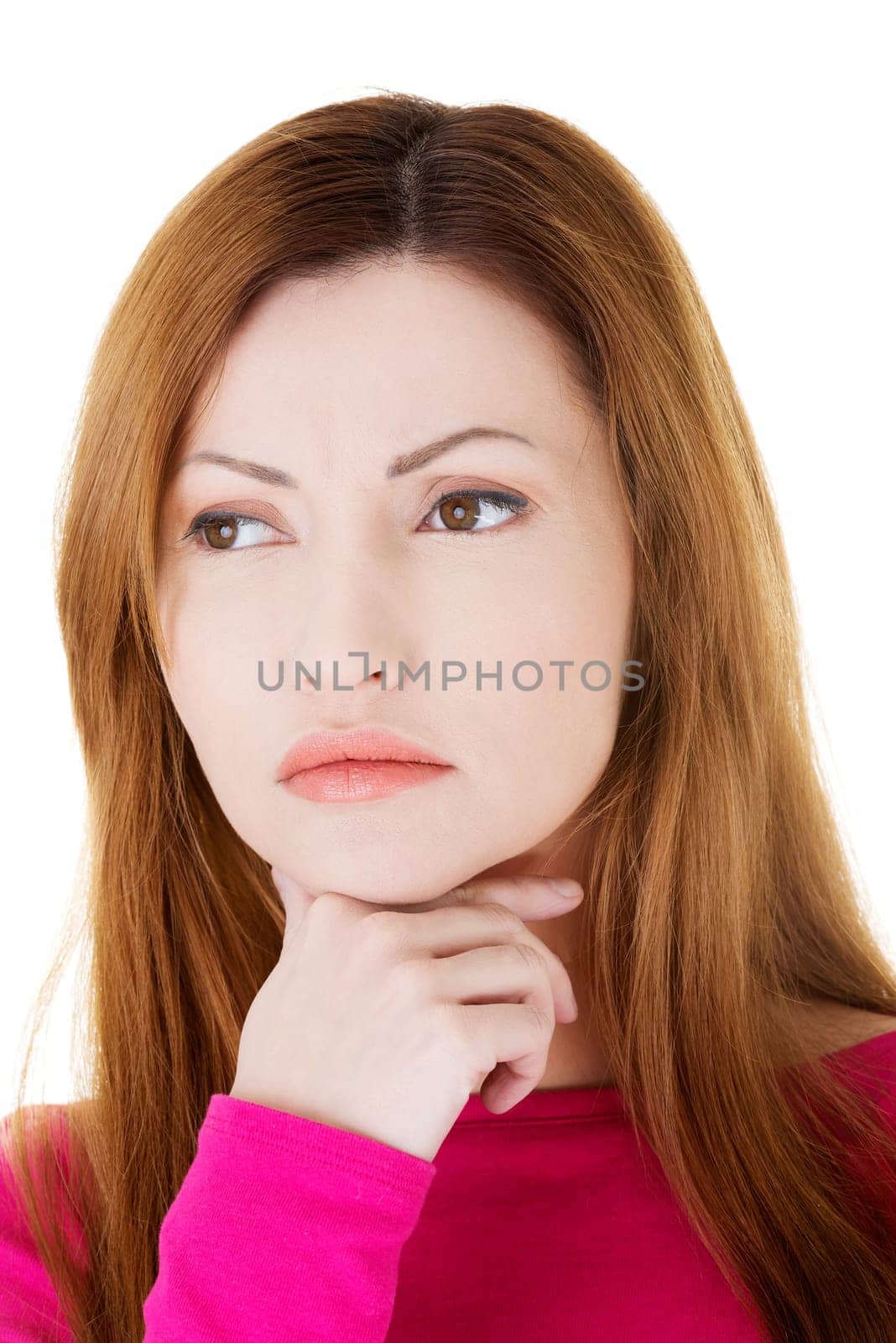 beautiful woman thinking. isolated on white.