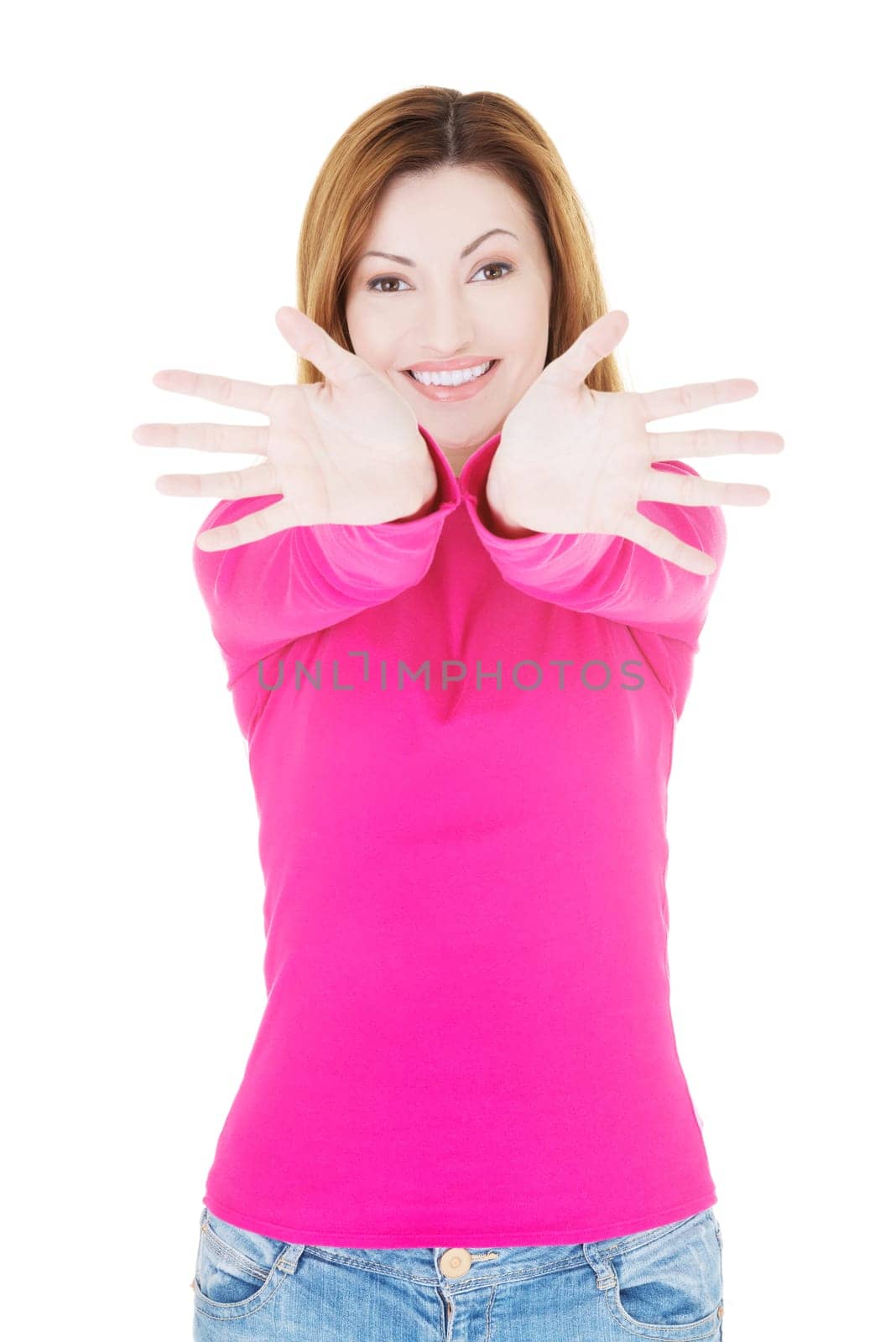 beautiful woman showing her palms,hands. isolated on white.
