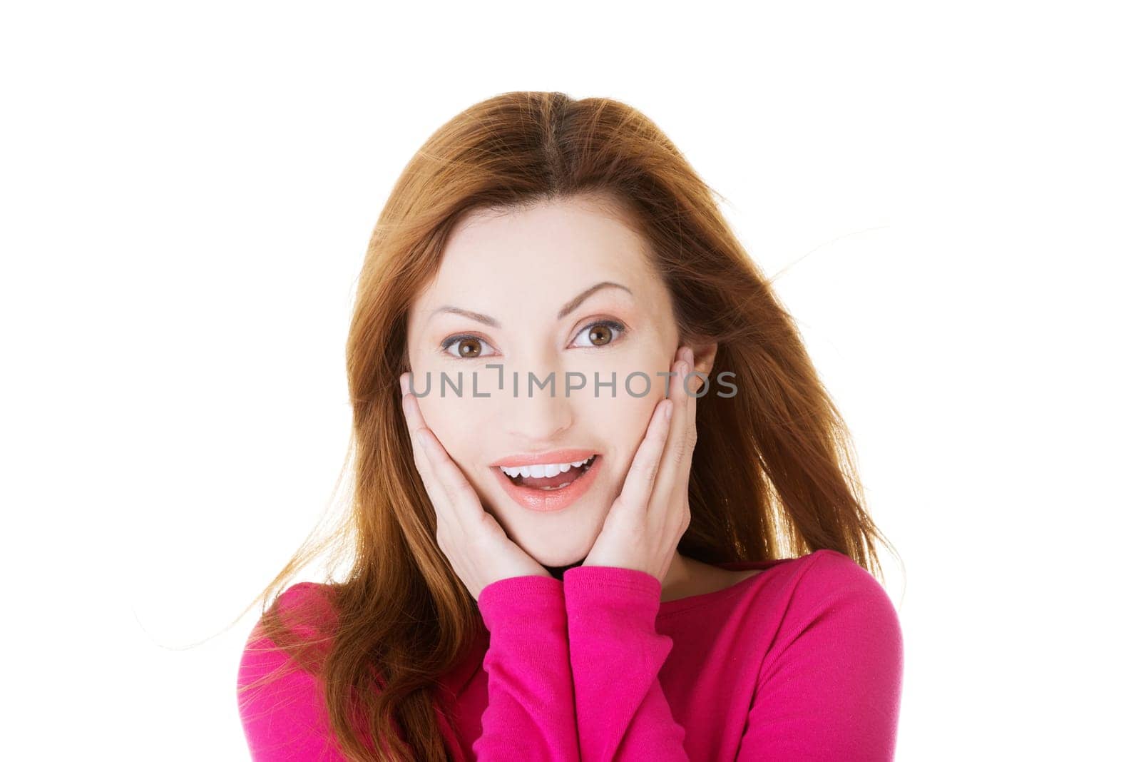 beautiful attractive woman smiling. closeup. isolated on white.