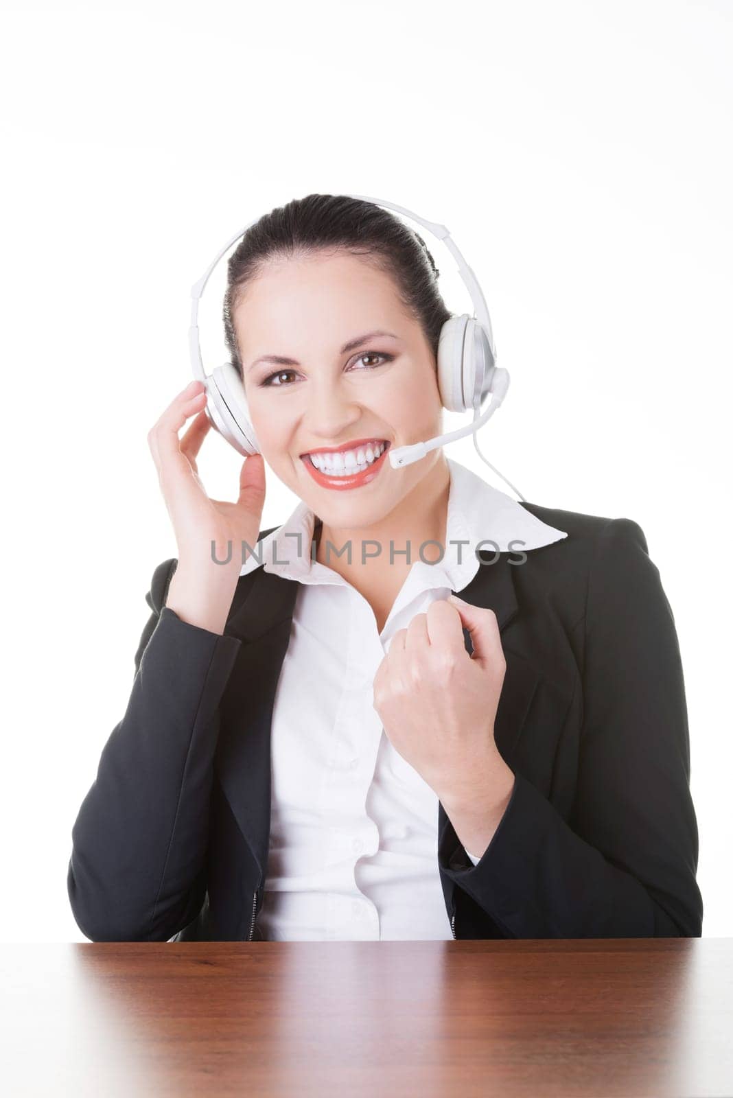 business woman with headphones. isolated on white.