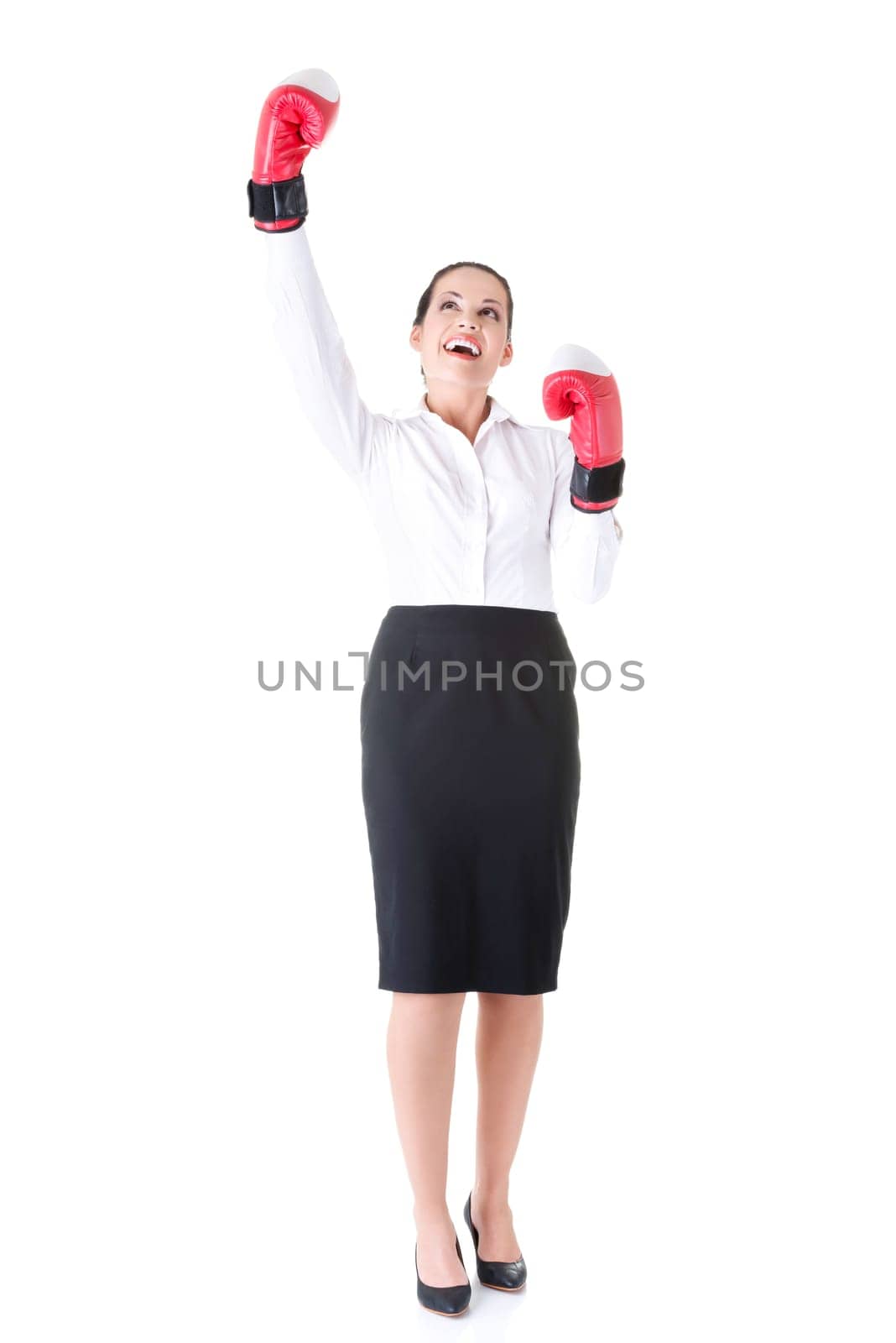 business woman wearing boxing gloves. idolated on white.