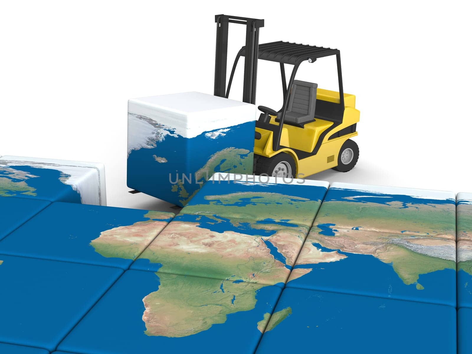 Concept of global transportation, modern yellow forklift carrying piece of global map, isolated on white background. Elements of this image furnished by NASA.
