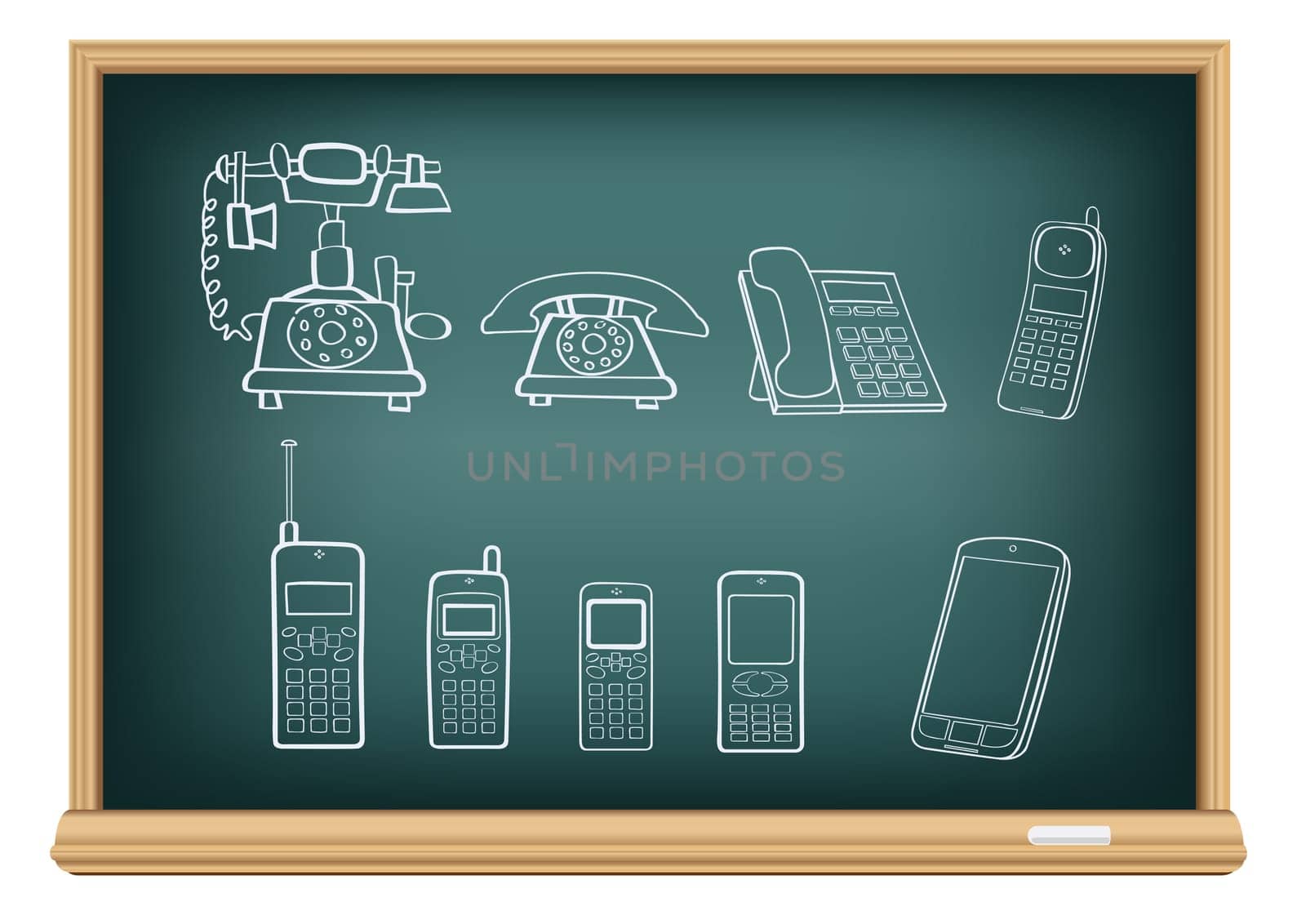 The blackboard with the drawn evolution of phones isolated on a white background