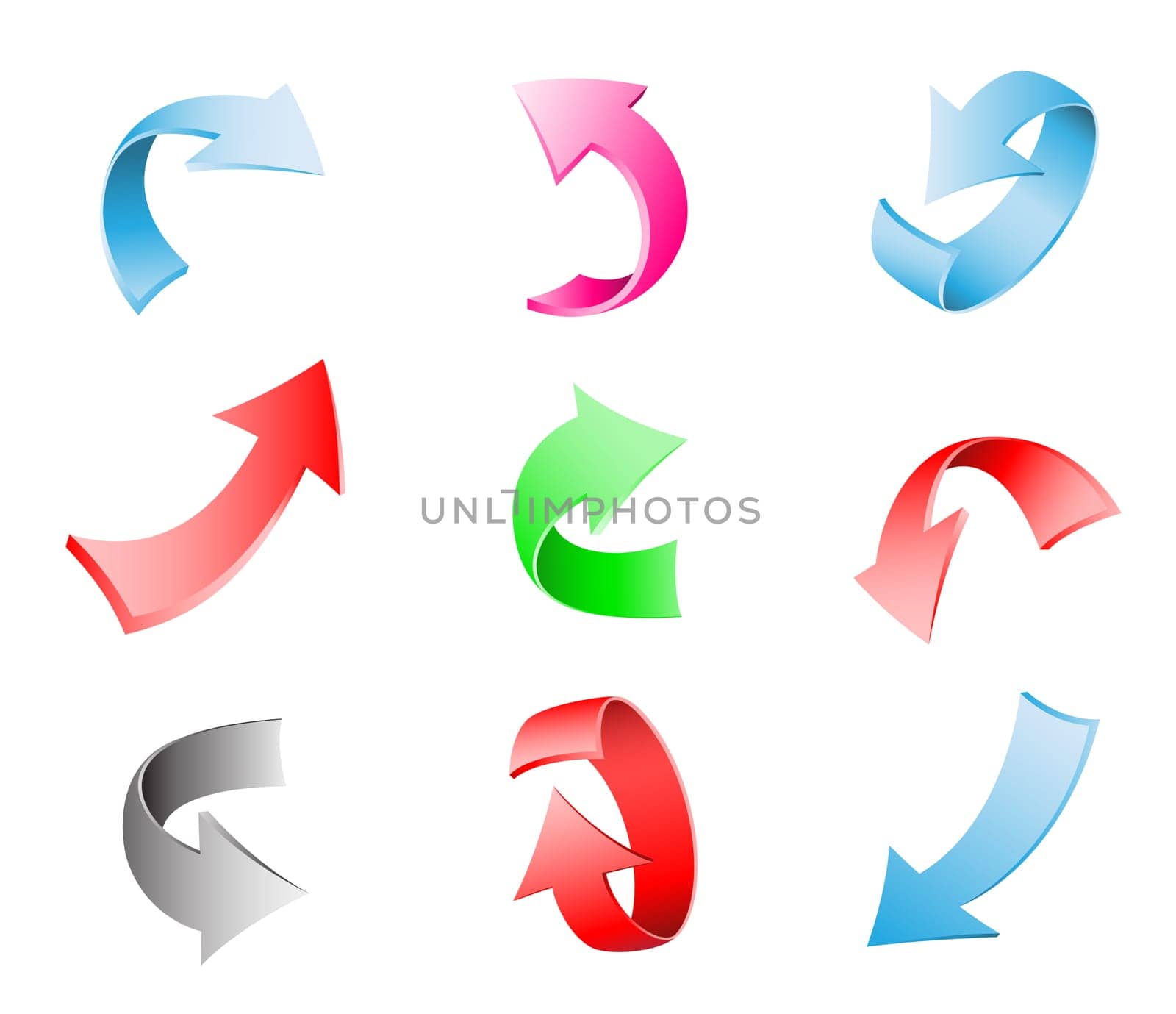 Different multi-colored 3d arrows isolated on the white background