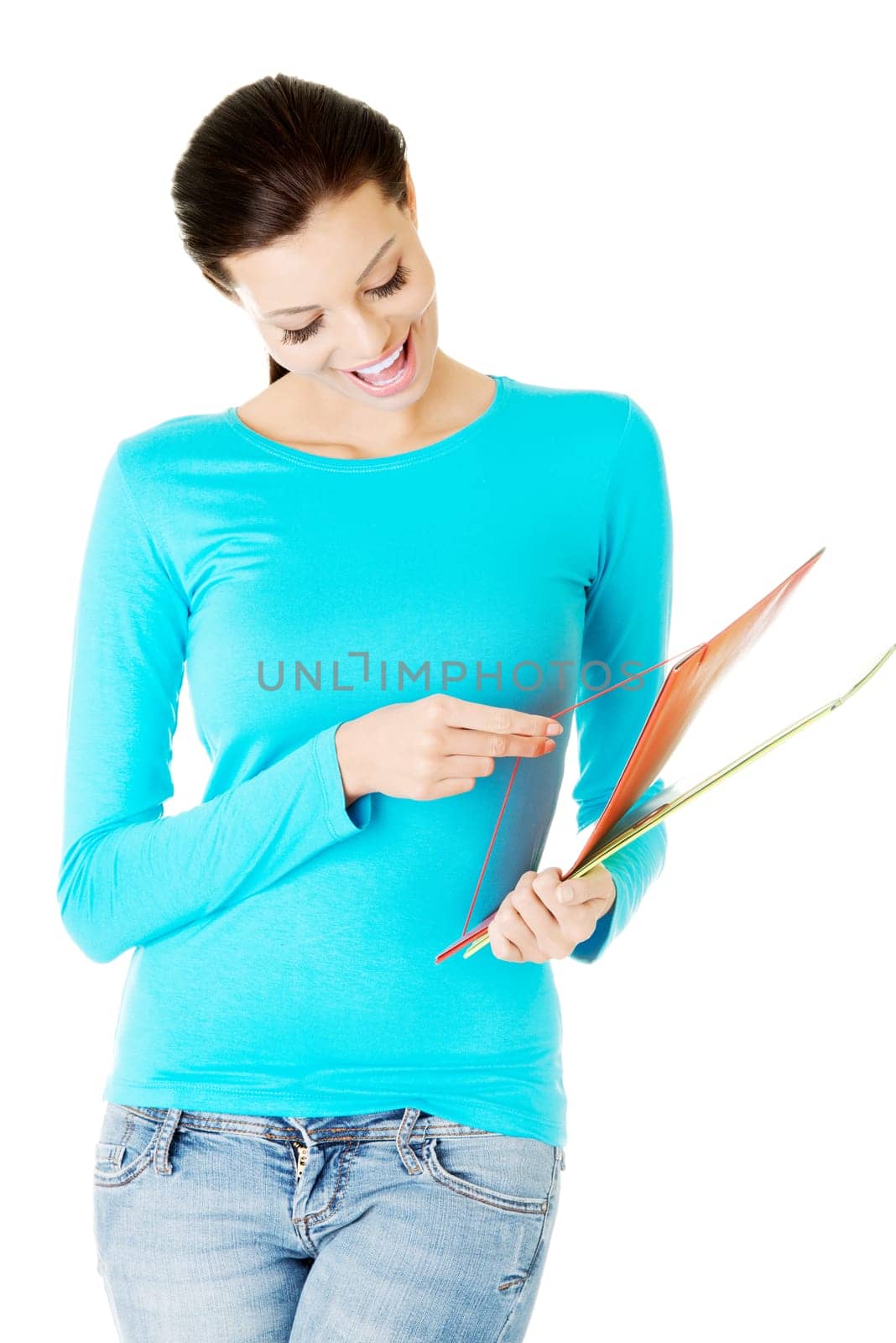 attractive woman with files. isolated on white.