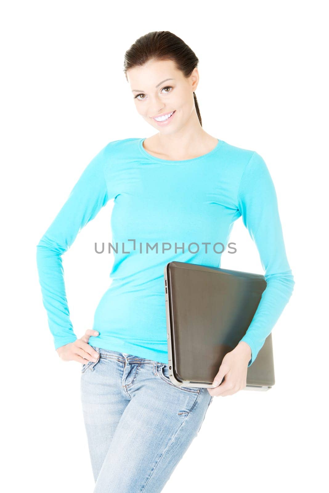 attractive woman with a laptop. isolated on white.