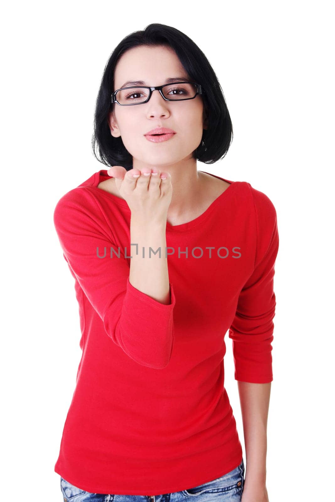 attractive woman in eyeglasses sending kiss.isolated on white.