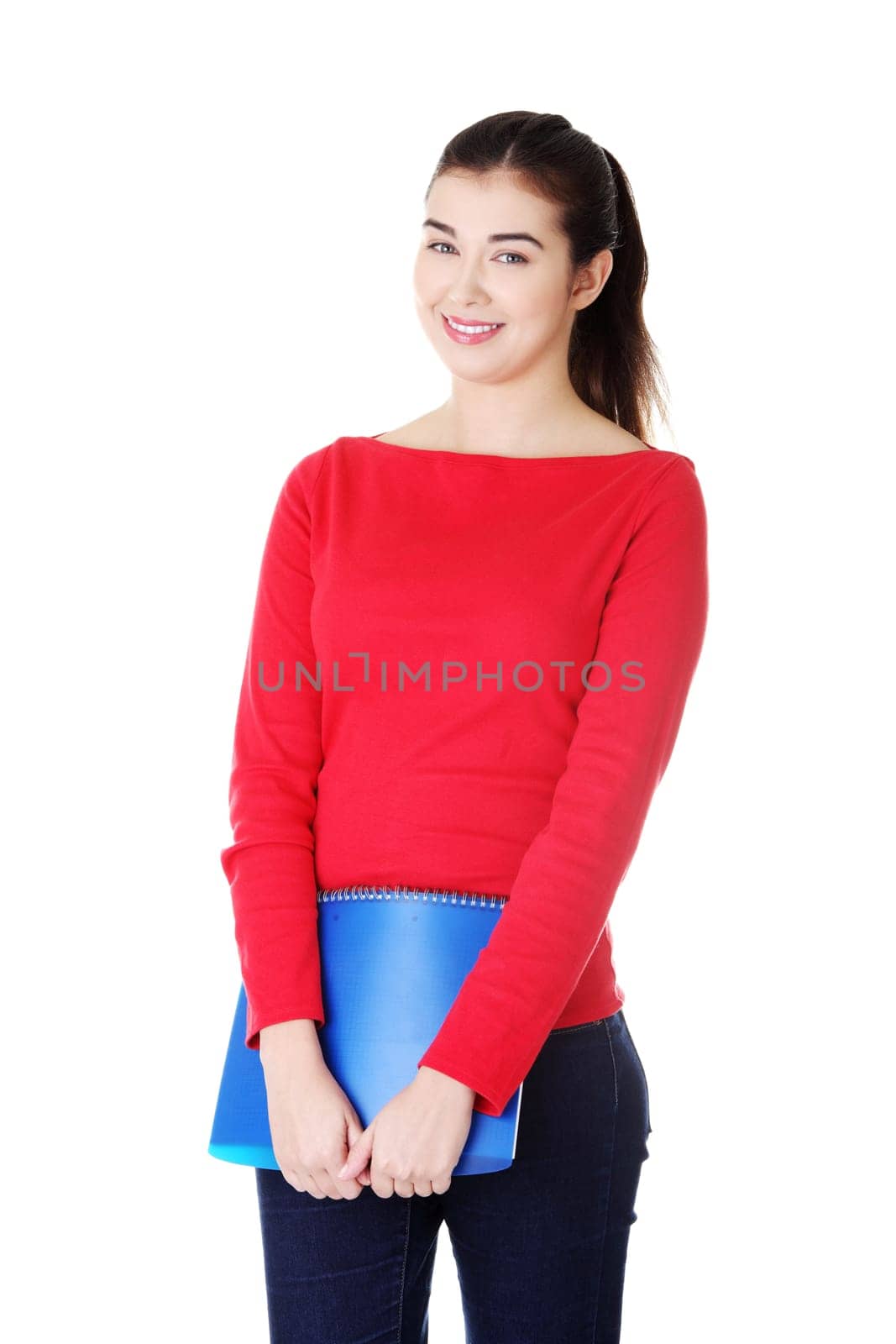 woman standing with files. vertical. isolated on white.